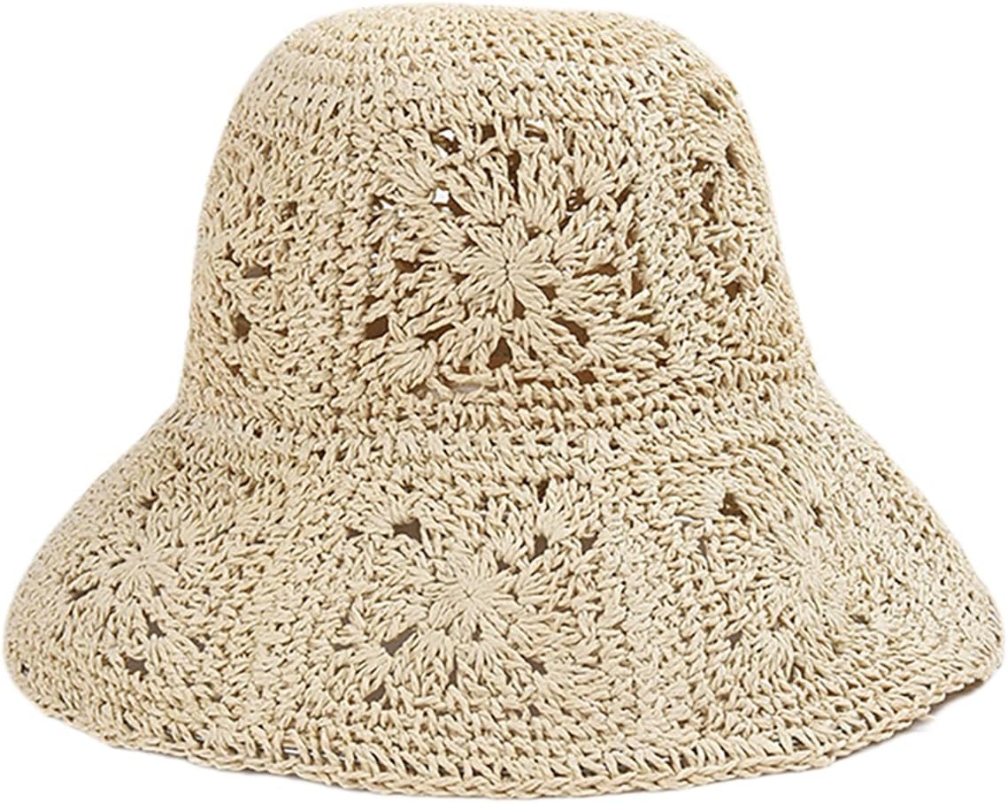 Crochet flower straw bucket hat
